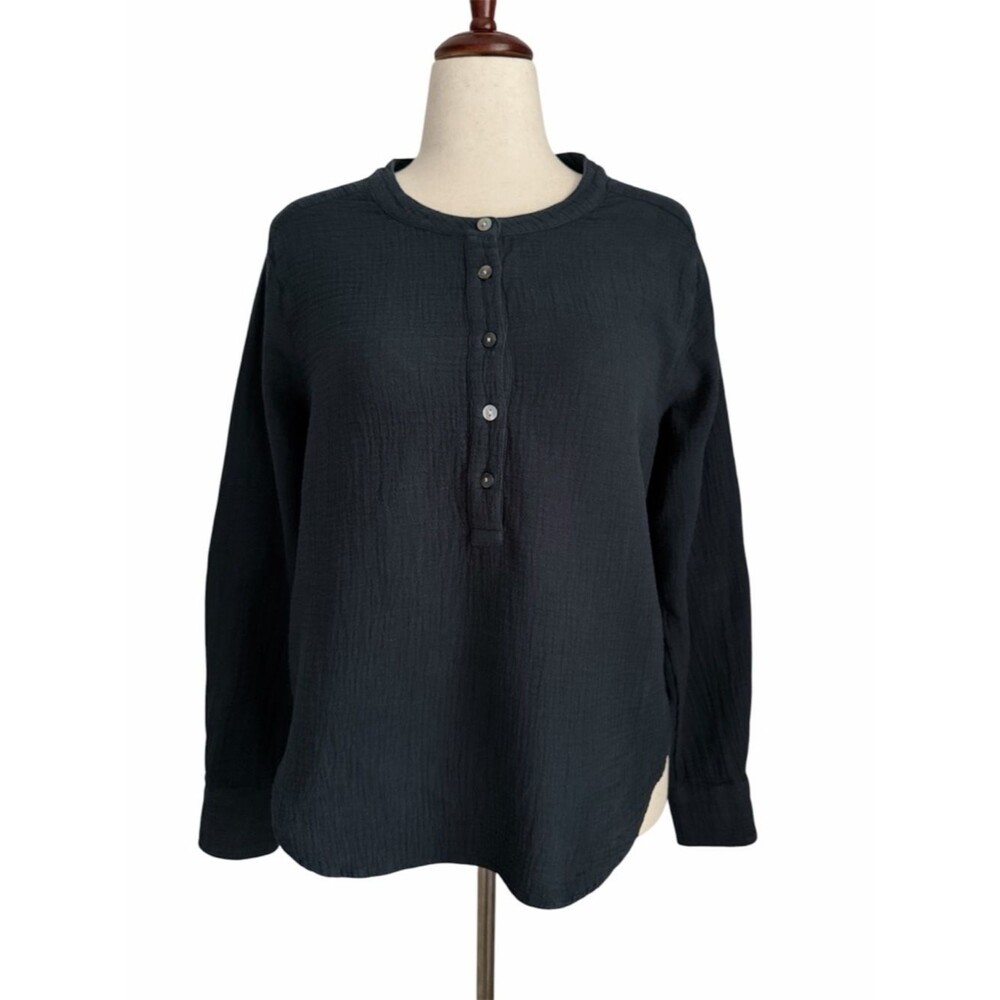 Faherty Women’s Navy Blue Organic Cotton Gauze Henley Blouse Top Size M